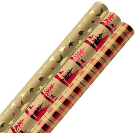 3 rollos de papel de regalo metálico y brillante, papel de regalo navideño Kraft rojo con estampado de estrella de alce y cuadrícula para decoración de regalos de fiesta de cumpleaños de Navidad
