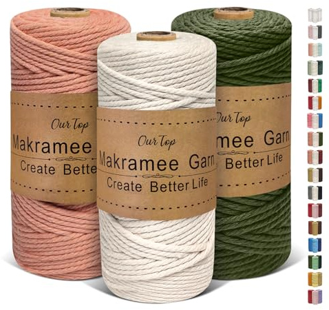 OurTop Corde Macramé 3mm x 100m, Set de 3 de Fil Macramé Macrame Corde pour Bricolage, Artisanat, Tapisserie, Décoration Boho(Beige, Rose Foncé, Armée Verte)