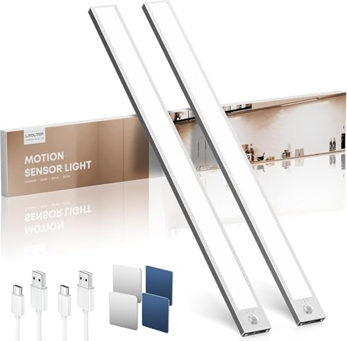 LROLTEF Reglette LED Lampe Cuisine sous Meuble avec Detecteur de Mouvement Interieur - 50CM 3000mAh Lumiere Placard sans Fil Rechargeable - Eclairage Veilleuse pour Armoire Dressing Escalier | 2 Pack