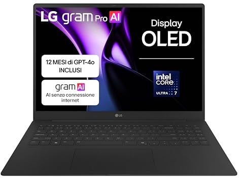 LG gram Pro 16Z90TP, Notebook 16 OLED 2880x1800, Intel Core Ultra 7 (Serie 2) 255H, 16GB RAM, 1TB SSD, Ultraleggero solo 1.2 kg, Batteria 77Wh, Windows 11 Home, Tastiera italiana, Tasto Copilot, Nero