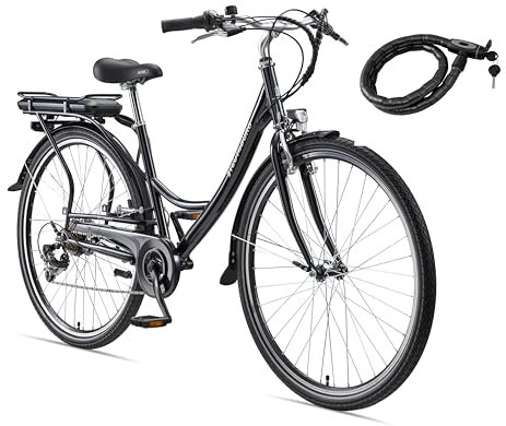 Teutoburg Senne Fahrrad Pedelec Citybike Elektrofahrrad schwarz, E-Bike 28 Zoll, 10,4 Ah/36V Lithium Ionen Akku, 7-Gang Kettenschaltung, inkl. Panzerkabelschloss