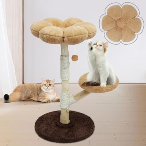 Flower-style Cat Tree Tower for Small Cat, Real Solid Wood Branch Luxury Cat Condo with Scratching Posts and Bed, Pet Furniture for Kitten Lover Gifts, 88cm Height