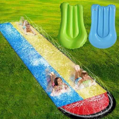Toboggan Aquatique avec 2 Bodyboards, 480x145cm Toboggan à Eau pour Double Glissade, Toboggan de Pelouse d'eau avec Arroseur Intégré, Jouet d'été pour Enfants Adulte, Plaisir en Plein Air dans Jardin