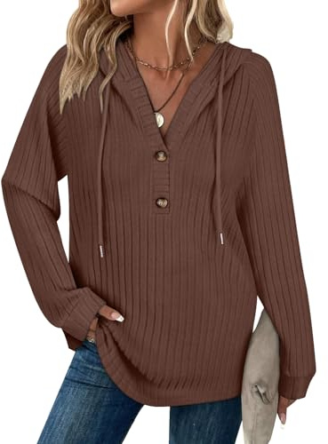 Syphiby Women Oversized Hoodies Ladies Tunic Tops Cardigans for Women UK Womens Hooded Pullover Top Lightweight Autumn Clothes Winter Tops V Neck Jumpers Long Top to wear with Leggings Dark Brown