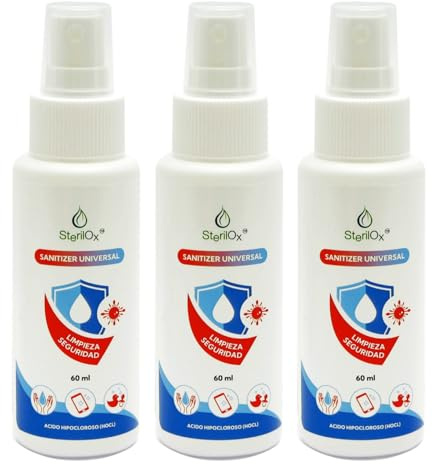 SterilOx Lot de 3 sprays de 60 ml - Solution cosmétique à l'acide hypochloreux pour les mains, les jouets, les ustensiles et les objets - Sans danger pour les enfants et les animaux domestiques - Sans