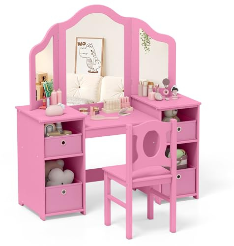 COSTWAY Kids Vanity Table and Stool Set, Princess Makeup Dressing Tables with Tri-Folding Detachable Mirror, 4 Storage Shelves, Wooden Children Study Desk for 3+ Years Old (Pink with Bins)