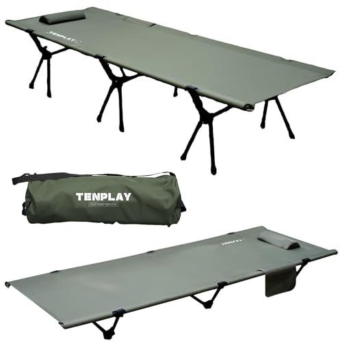 Mtenplay Ultralätt campingsäng, 3,08 kg och 150 kg kapacitet, kompakt bärbar spjälsäng med 7075 aluminium, 600D Oxford, nackstöd och bärväska, 2-höjdjustering för vuxna, camping, vandring, gäst (grön)