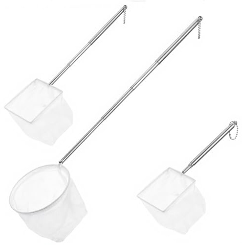 JUNW - Rete per gamberetti, 3 retini per acquario, mini rete da pesca a maglia fine con manico in acciaio inox, manico lungo, per piscine, piccoli stagni, 8/10 cm