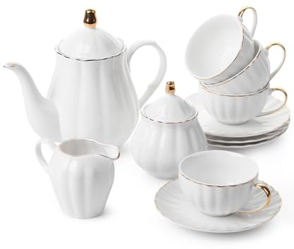 BTaT- Classic tea set, 13 pcs, Tea Cups (7oz), Tea Pot with Stainless Steel Infuser (32oz), Creamer and Sugar Set, Porcelain Tea Set, White Tea Set, Tea Pot Sets with Cups