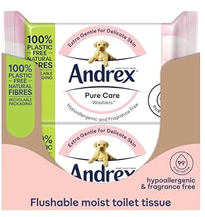 Andrex Pure Care Washlets - Flushable Toilet Wipes - Extra Gentle for Delicate Skin - Fragrance Free and Hypoallergenic - Biodegradable and Plastic-Free - 12 Packs