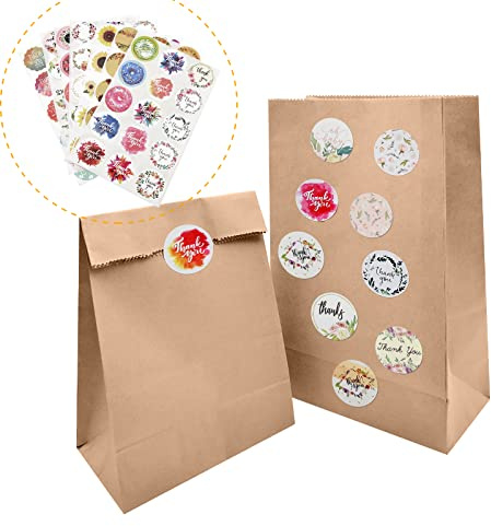 Flyoo 50Pezzi Sacchetti di Carta Kraft, 28x15x9cm Sacchetti Marroni con 105 Adesivi, Sacchetto Regalo Carta, Art & Craft DIY Borse Carta Kraft, Sacchetti da Asporto, Sacchetti di Carta per Pane
