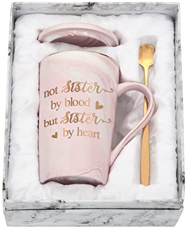 Joymaking Tasse Geschenk beste Freundin Geburtstag Geschenke, personalisiert Marmor Tasse Geschenk für Freundin - Not Sisters By Blood But Sister By Heart - beste Freundinnen Geschenk 400ml rosa