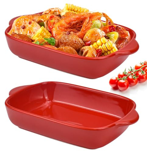 HEKOBAG 2PCS Lasagne Dish, 9x5 inch Rectangular Individual Oven to Table Bake Dish with Handles Ceramic Baking Pan Lasagna Casserole Pan Nonstick Ceramic Bakeware for Cooking, Cakes, Lasagna - Red