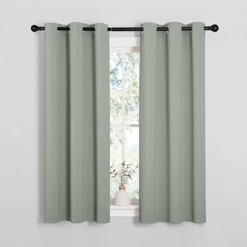 PONY DANCE Sage Green Blackout Thermal Curtains for Kids Eyelet Short Light Blocking Curtains for Bedroom Kitchen Balance Temperature Privacy Drapes, W 34 x L 54, 2 Pieces