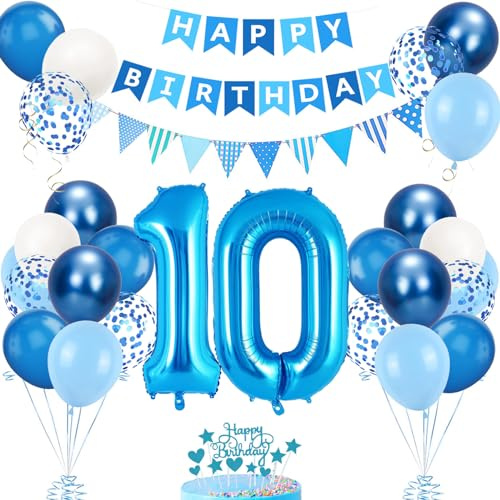 Palloncini 10 Anni Compleanno Blu, Decorazioni 10 Complean, Palloncini 10 Anni Set, Palloncini Foil 10, Palloncini Lattice Blu Bianco, Striscione Topper Torta per Addobbi Festa Ragazzo Ragazza