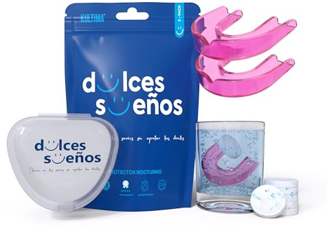 KULTIMA® Férula Descarga Bruxismo Nocturna + 6 Tabletas Limpiadoras. 2 Bucales Dentales Moldeables para Dormir. Solución Contra Rechinar Dientes, Trastornos ATM, NO BPA Práctica Deportiva (ROSA, L)