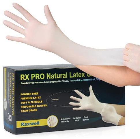 Raxwell Disposable Latex Gloves - Powder-Free Food Grade Protection - Heat & Puncture Resistant Cooking & Cleaning Gloves - Textured Ambidextrous Grip for Food Prep - Large, Pack of 100