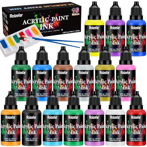 Roizefar Set de Peinture Acrylique – 16 Couleurs (20 ml chacune) avec 2 Pinceaux et 1 Palette, Encre Acrylique Artistique Permanente – Idéal pour Débutants, Adultes, Artistes