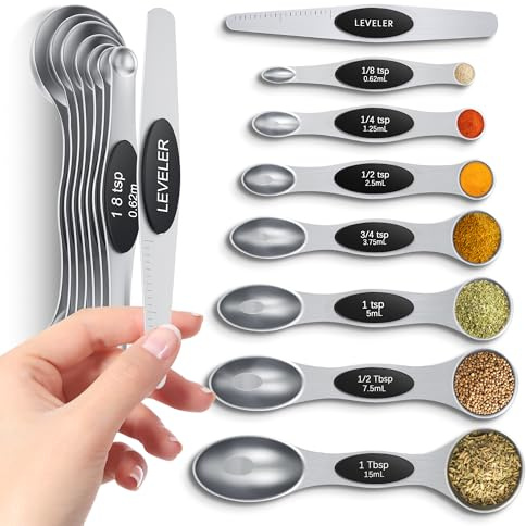 Magnetic Measuring Spoons Set with Strong N45 Magnets, Heavy Duty Stainless Steel Metal, Fits in Most Kitchen Spice Jars for Baking & Cooking, BPA Free, Multicolor, Set of 8 with Leveler（Black)