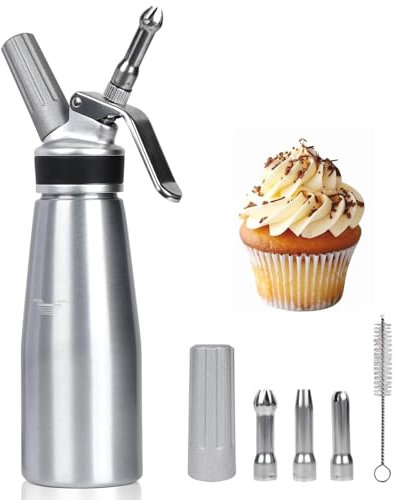 OcTecho Aluminium Whipped Cream Dispenser 500ml, Cream Whipper with 3 Stainless Steel Decorating Nozzles and Cleaning Brush, Professional Whipping Cream for Home Party Cake Cheese Dessert