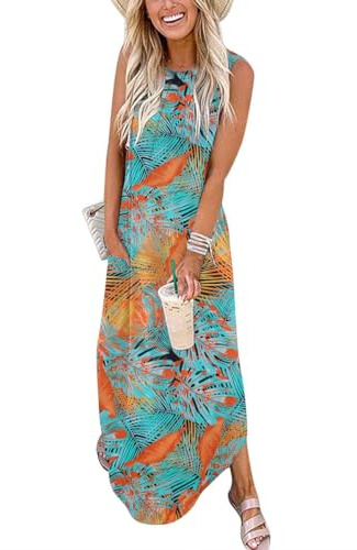 GRMLRPT Robe Longue Femme Bohème Chic Maxi Dress sans Manches à Motifs Imprimés Style Décontracté Tenue pour Été Plage Vacances Voyage Estivale(Orange,XXL)