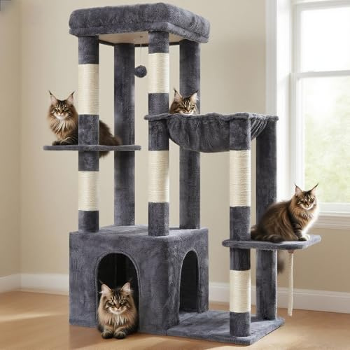 Heybly Rascador para Gatos 120cm - Torre para Gatos Adultos con Base XL, Incluye Múltiples Niveles, Muebles de Peluche, Rascador, Hamaca y Juguete con Bola, Gris Ahumado HCT026G