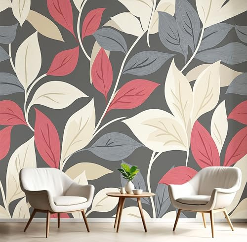 JEDTAKCT Charcoal Grey Wallpaper Hand Painted Leaves Textured Wallpaper Baroque Plants Feature Wall Mural 250X175Cm (98X 69) Large Photo Wallpapers for Bedroom Living Room Tv Backdrop Hallway