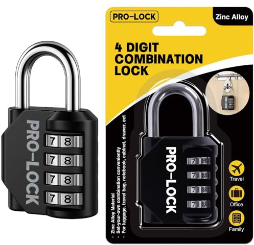 Pro-Lock 4 Digit Combination Lock – Heavy Duty Zinc Alloy Body & Hardened Steel Shackle, Weather Resistant Padlock for Gym, Locker, Gates, Travel, School & Outdoor Security, Set Your Own Code