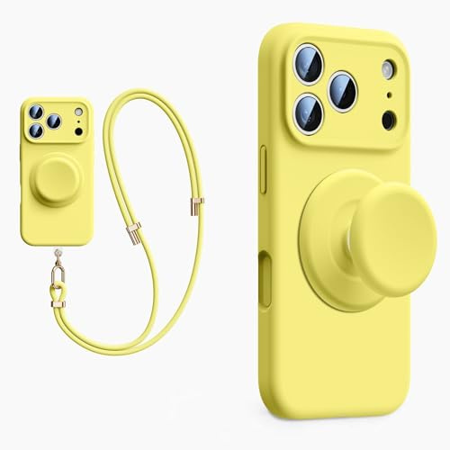 XZC Funda de silicona líquida para iPhone 17 Pro Max, con soporte emergente, cordón cruzado, compatible con MagSafe, protección completa de la cámara, (amarillo, iPhone 17)