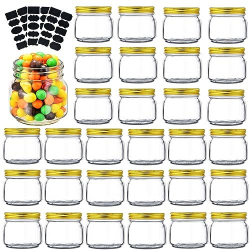 Rainforce Mason Jars 8 oz 30 Pack- Small Mason Jars With Gold Lids -1/4 Quart Canning Jars| Storage Pickling Jars For Jelly, Jam, Honey, Pickles, Spice - With 30 Chalkboard Labels