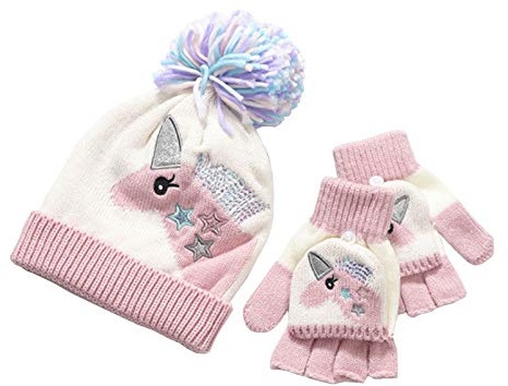 Zulaniu Winter Kids Knit Beanie Hat and Mittens Gloves Set for Toddler Boy Girl (Pink, 3-8 Years)