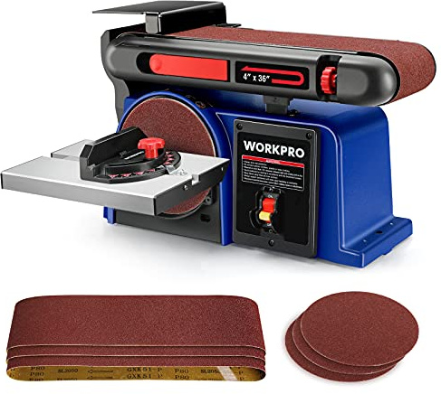 WORKPRO Belt Disc Sander, 4 in. x 36 in. Belt & 6 in. Disc Sander with 6pcs Sandpapers, Cast Iron Base for Sanding Woodworking, DIY Decoration