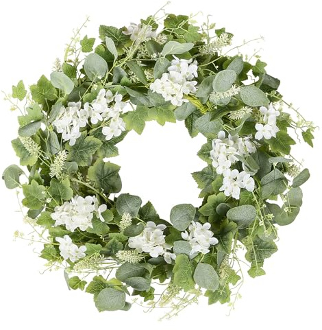 YNYLCHMX 18 Spring Summer Wreaths for Front Door, Artificial Wreath with White Flowers Grapevines Green Eucalyptus Leaves, Green Foliage Wreath for Wall Window Farmhouse Party Holiday Home Decor