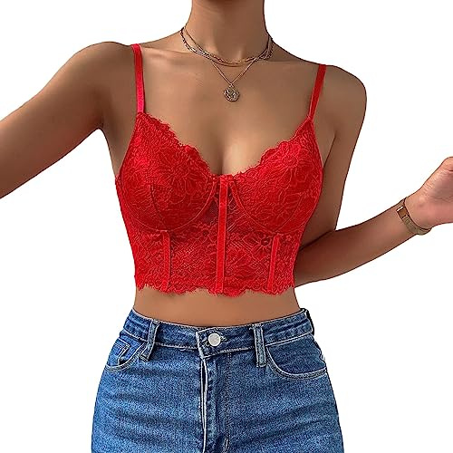 Rongseng Camiseta sin Mangas para Mujer Top Sexy de Encaje Crop Top Cuello en V Camisetas Tirantes Ajustables sin Vientre Verano Camisola Sujetador de Encaje Floral
