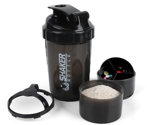 XTKS Shaker-Flasche – Protein-Shaker-Becher mit Aufbewahrungsfächern – auslaufsichere Workout-Shake-Flaschen mit Mixer für reibungsloses Mischen, 500 ml (Pure Black)