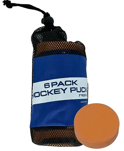 TronX Weighted Orange Ice Hockey Pucks - Heavy Training Puck with Mesh Carrying Bag | Official Size | Great for Stick Handling & Training Drills (Orange 6-Pack)