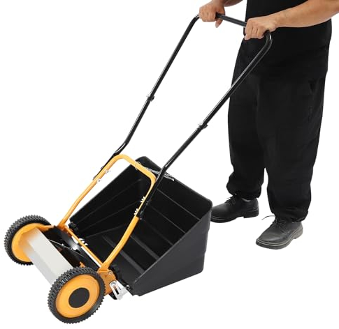 Salmeee Tondeuse hélicoïdale, tondeuse à gazon manuelle de 30,5 cm de large, 4 lames en acier, réglage de la hauteur de 12 à 42 mm, tondeuse à gazon pour petites surfaces – Avec panier de ramassage