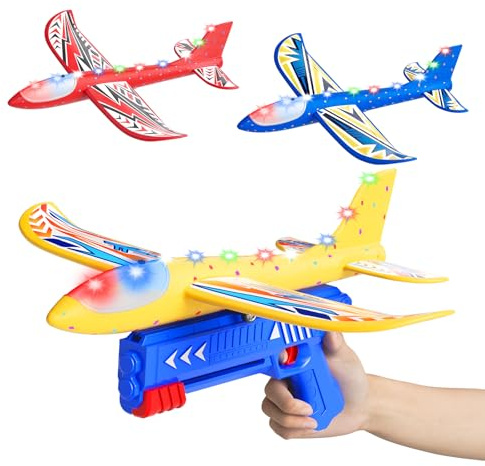 Aviones de juguete para niños de 4, 5 y 6 años, lanzador de aviones con 3 planeadores de espuma, 2 modos de vuelo, juguete para exteriores y jardín, regalo de cumpleaños para niños de 3 a 10 años