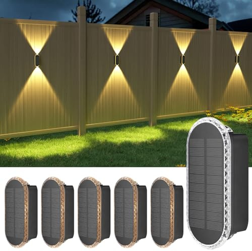 Ellasay Solar Fence Lights Outdoor: 6-Pack Solar Powered Wall Lights Up and Down Waterproof IP65-3 Color Brighter LED Focus Lens SolarLights Dusk to Dawn 12h for Patio/Backyard/Porch/Railing