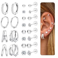 CASSIECA 12 Paar Piercing Ohr Silber Set, 316L Chirurgenstahl Ohrringe für Damen Herren Medizinische Ohrstecker und Creolen für Mehrfachpiercing 14K Vergoldet Helix Tragus Piercing Ohr Silber