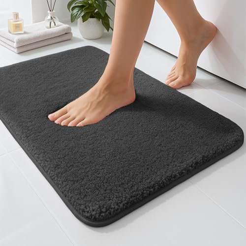 RUN HELIX Bathroom Mat 40x60cm, 0.8inch Fluffy Long Hair Non-slip Super-Absorbent Machine Microfibre Washable Bath Rugs for Bathroom Bathtub Floor, Dark Grey