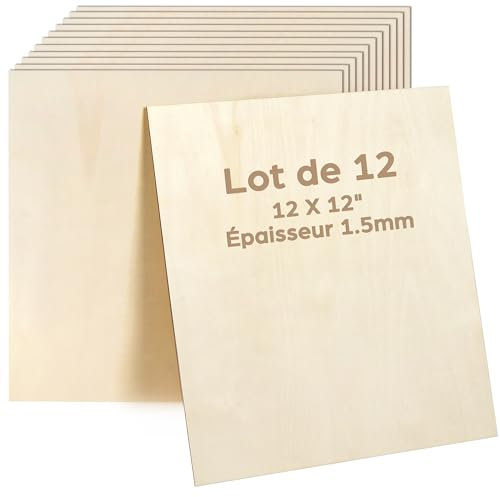 LotFancy Lot de 12 plaques de contreplaqué, 1,5 mm, 30 x 30 cm, en bois fin, pour le bricolage, le travail laser, l'artisanat, le kit de construction en bois, le modélisme