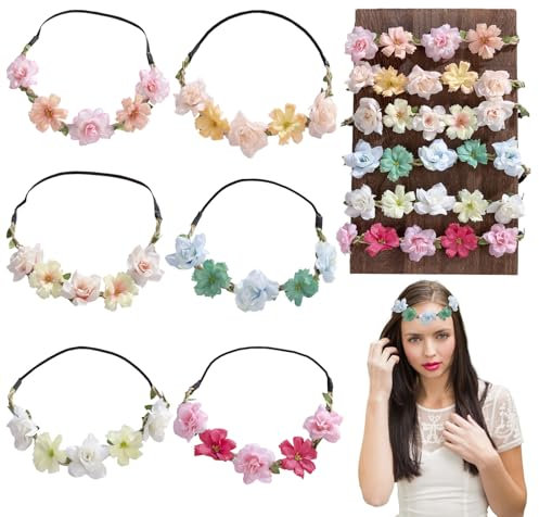 LINGJIA 6 Pièces Couronne Fleur Cheveux, Bandeau Cheveux Fille, Couronne Cheveux Guirlande Fleurs, Coiffe Femme à Fleurs, Serre Tête Guirlande Fleurs, Serre Tête Simulation Fleurs, Fête, Photographie