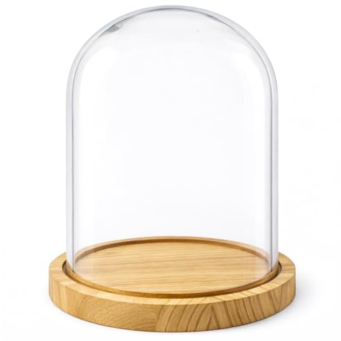 PALUPLUS Campana in Vetro con Base in Legno, Teca in Vetro Trasparente, Espositore per oggetti, composizioni floreali e luci, oggetto decorativo per la tua casa -7710M (25x36 cm)