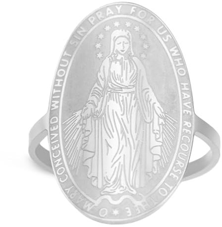 TEAMMER Wundertätige Jungfrau Maria-Medaillen-Ring Größenverstellbarer Maria-Medaillon-Ring aus Edelstahl Religiöser Glaube-Schutzschmuck für Frauen und Männer (Silber)