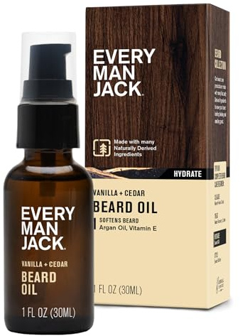 Every Man Jack Mens Beard Oil - Vanilla + Cedar Fragrance - Deeply Moisturizes and Softens Your Beard and Adds a Natural Shine - Naturally Derived with Shea Butter and Argan Oil - 1 fl oz