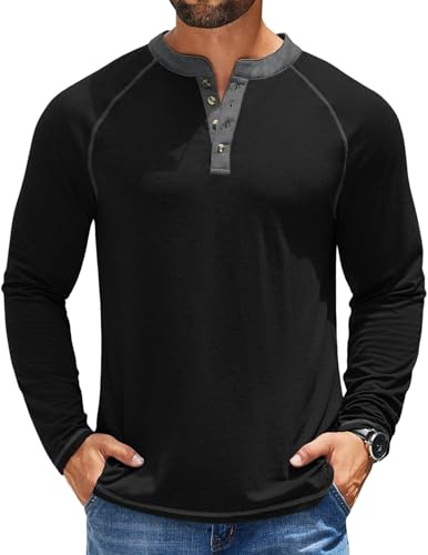 COOFANDY Mens Fashion Henley Shirts Casual Long Sleeve Button T-Shirt Lightweight Regular-Fit Pullover Shirts Black