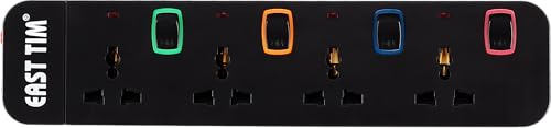 East Tim 4-Way Universal Extension Lead with Surge Protector Individual Colour Switches Power Strip, Child Safety Shutters, 2500W Max Power, 57mm Wide Spacing, 3m Cable & Type G Plug Adapter