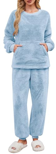 UMIPUBO Pigiama Donna Invernale Felpato Pigiami in Pile Caldo Set Due Pezzi Tuta Termico Invernali Completo da Casa Top a Maniche Lunghe e Pantaloni Lounge Morbido Sleepwear con Tasche (Blu, XXL)