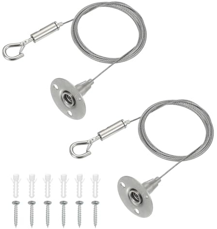 QUARKZMAN 200 X 1.5mm Kit Cavi Regolabili Per Sospensione, Cavo Acciaio Inox Resistente Con Ganci Singoli Per Quadri Foto Luci LED Schermo Tendone Cartelloni Montaggio Fai Da Te(2 Pz)